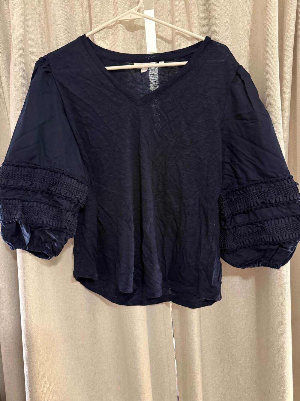 Chico’s Women's Navy Linen Puff-Sleeve V-Neck Top 1/M
